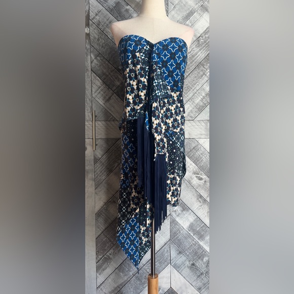 BCBG MAXAZRIA ENID PACIFIC BLUE PATCHWORK ASYMMETRICAL DRESS with FRINGE NWOT - Picture 6 of 11